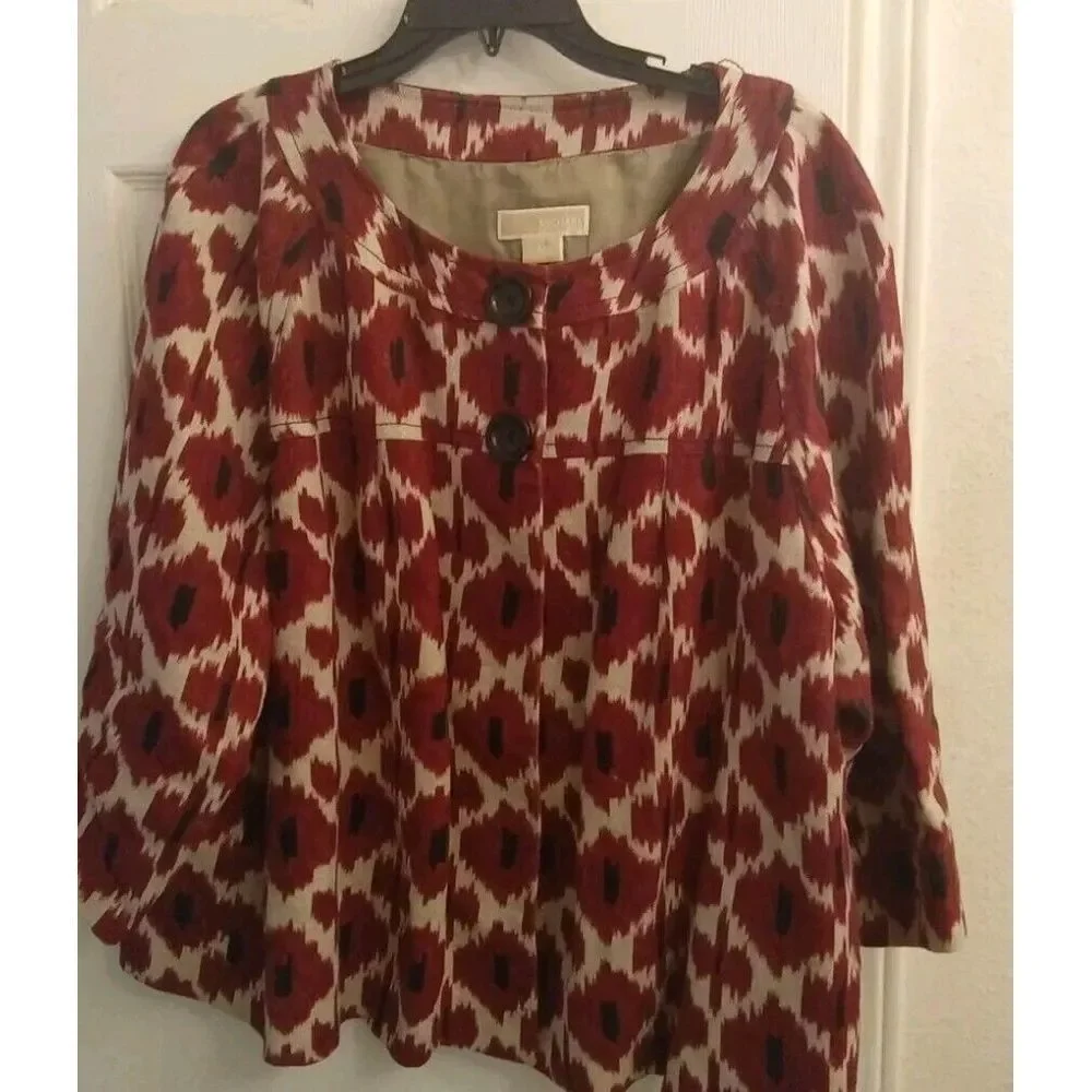 MICHAEL‎ Michael Kors Topper Jacket 3/4 Sleeve Button Front Red Print Plus